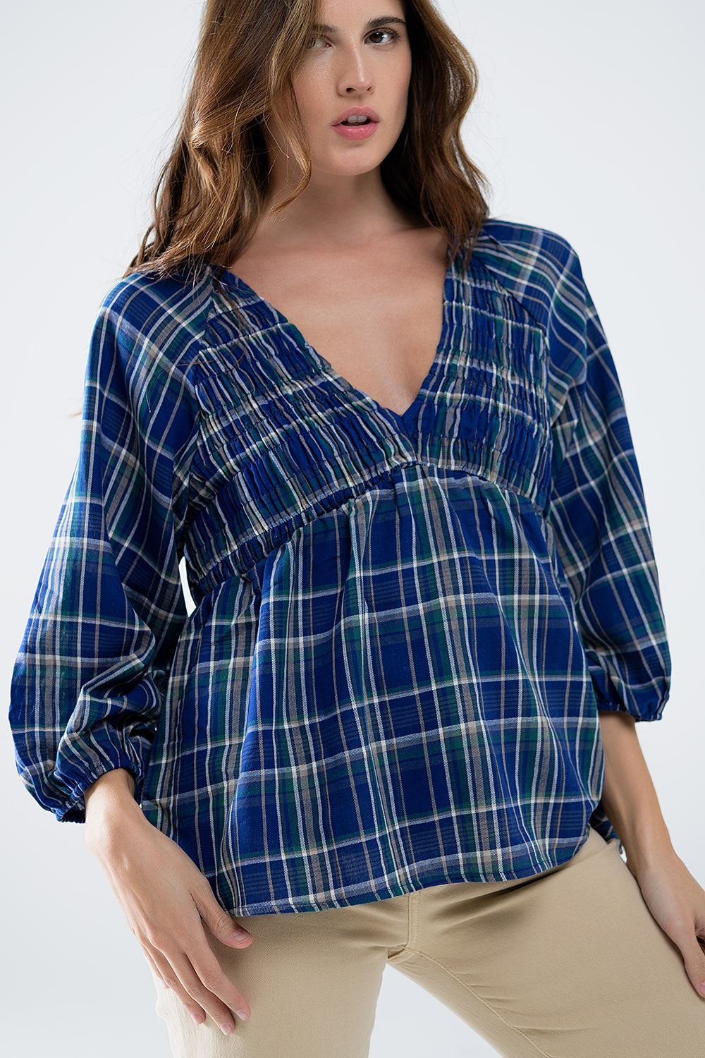 Q2 Babydoll Plaid Shirt bleu et vert