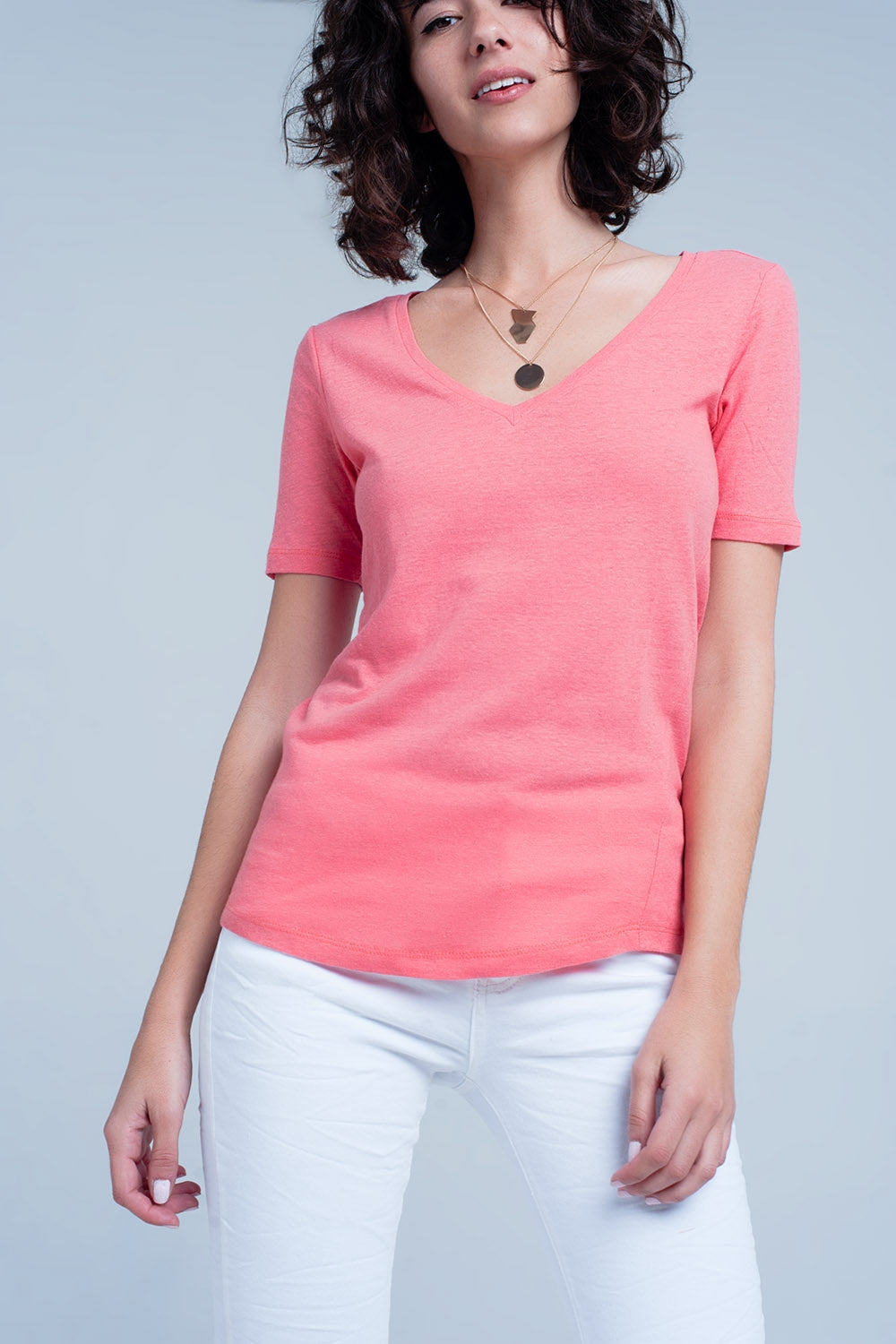 Q2 Basic T-shirt corail col V à manches courtes