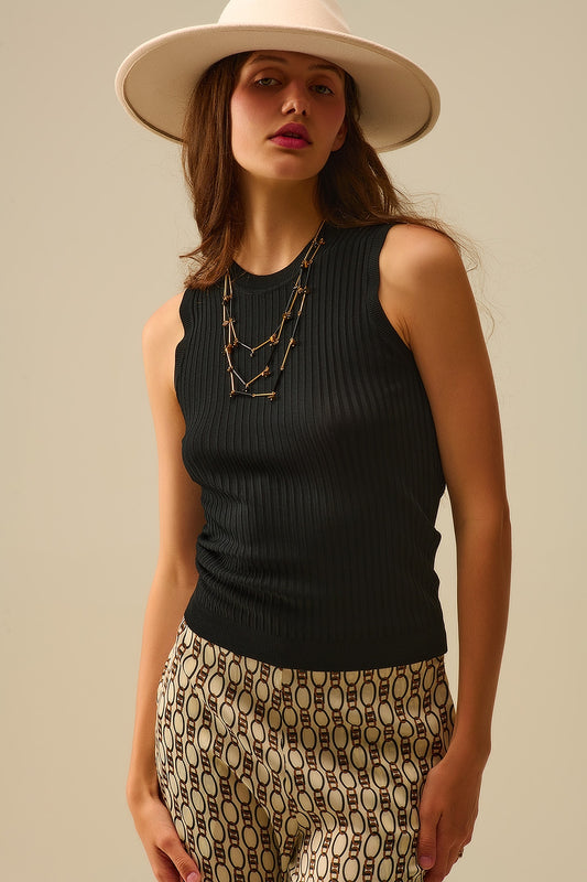 Q2 Black Sleeveless Ribbed Knit Top