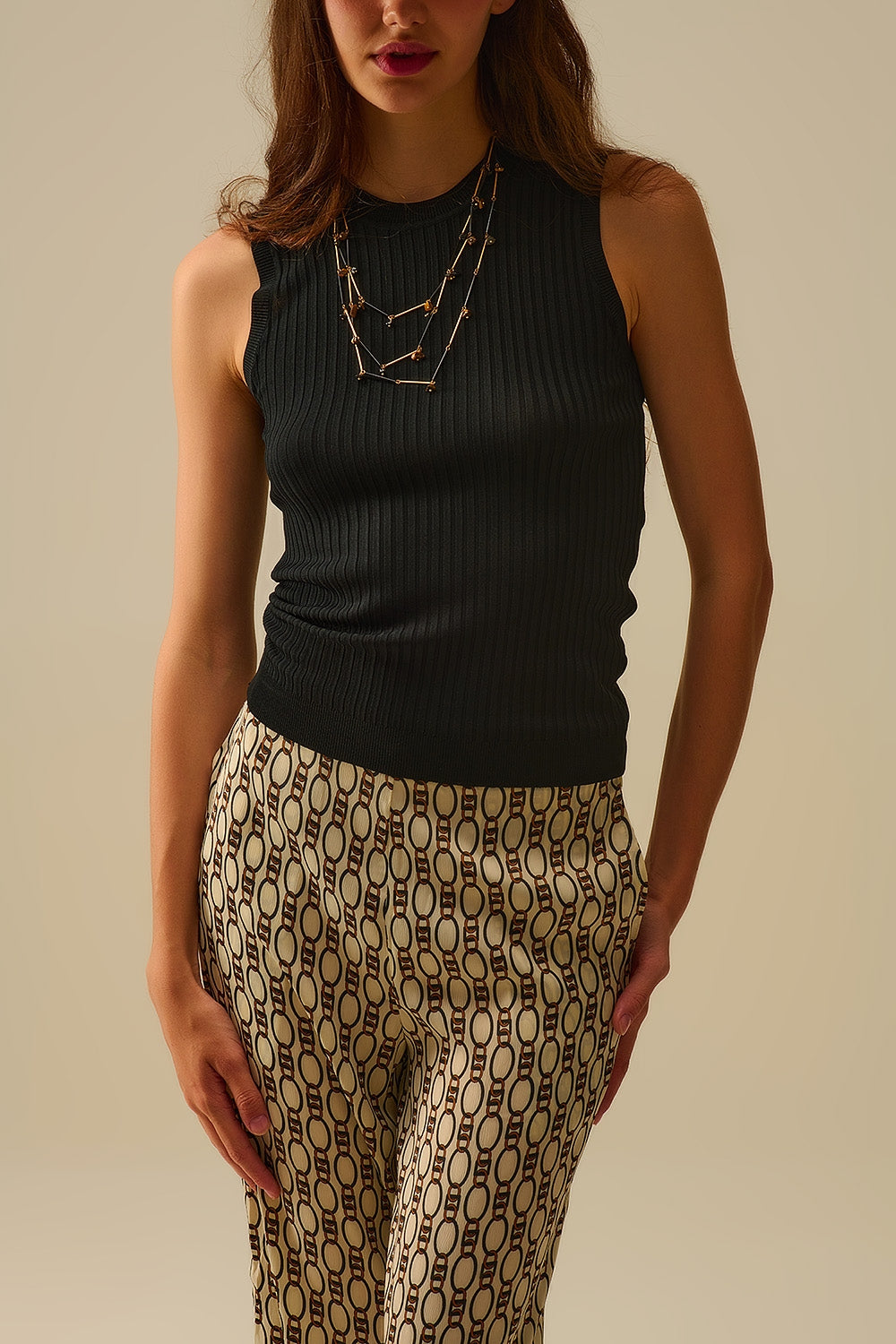 Black Sleeveless Ribbed Knit Top