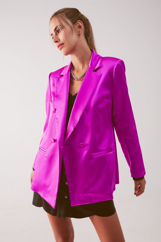 Q2 Blazer de costume satiné à double boutonnage fuchsia