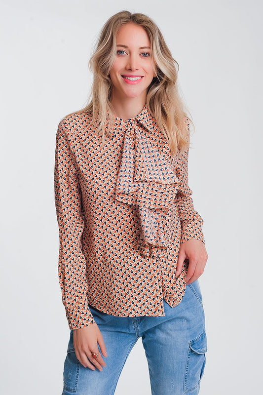 Q2 Blouse à manches longues volants Beige