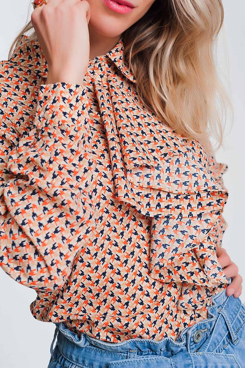 Blouse à manches longues volants Beige