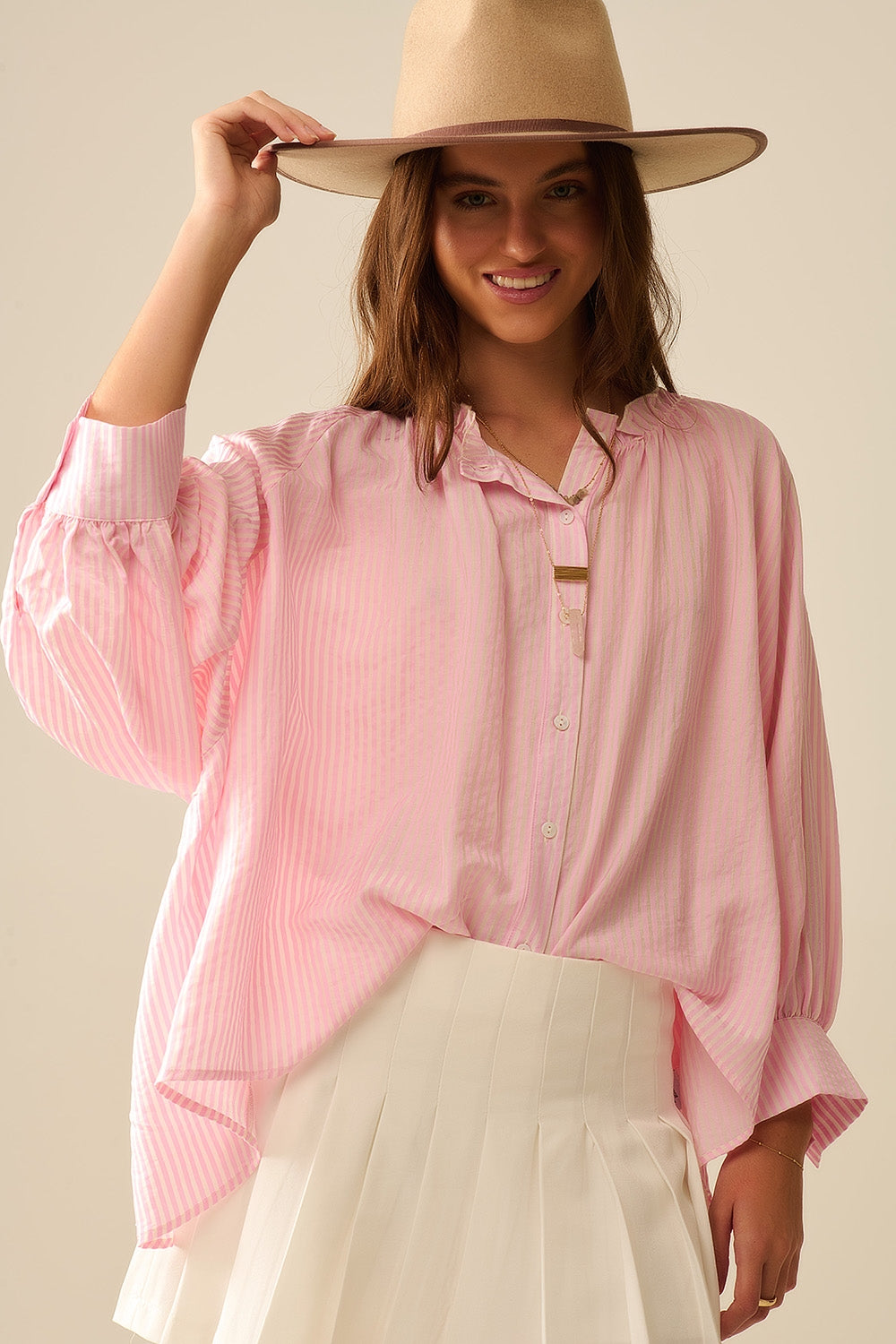 Blouse à Rayures à Manches Ballon en Rose