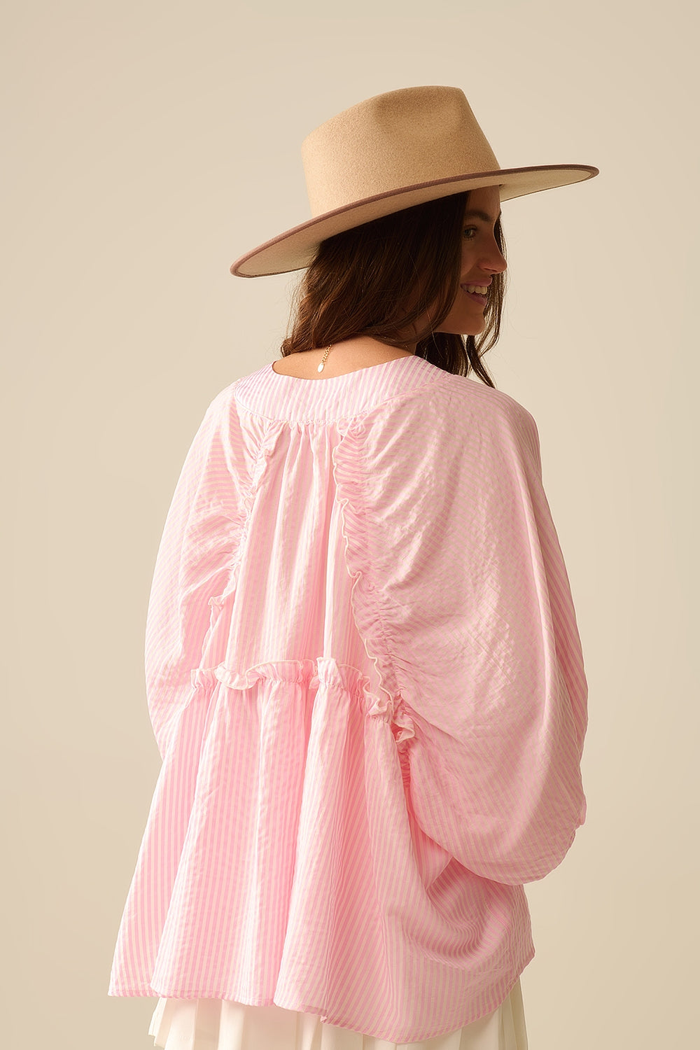 Blouse à Rayures à Manches Ballon en Rose