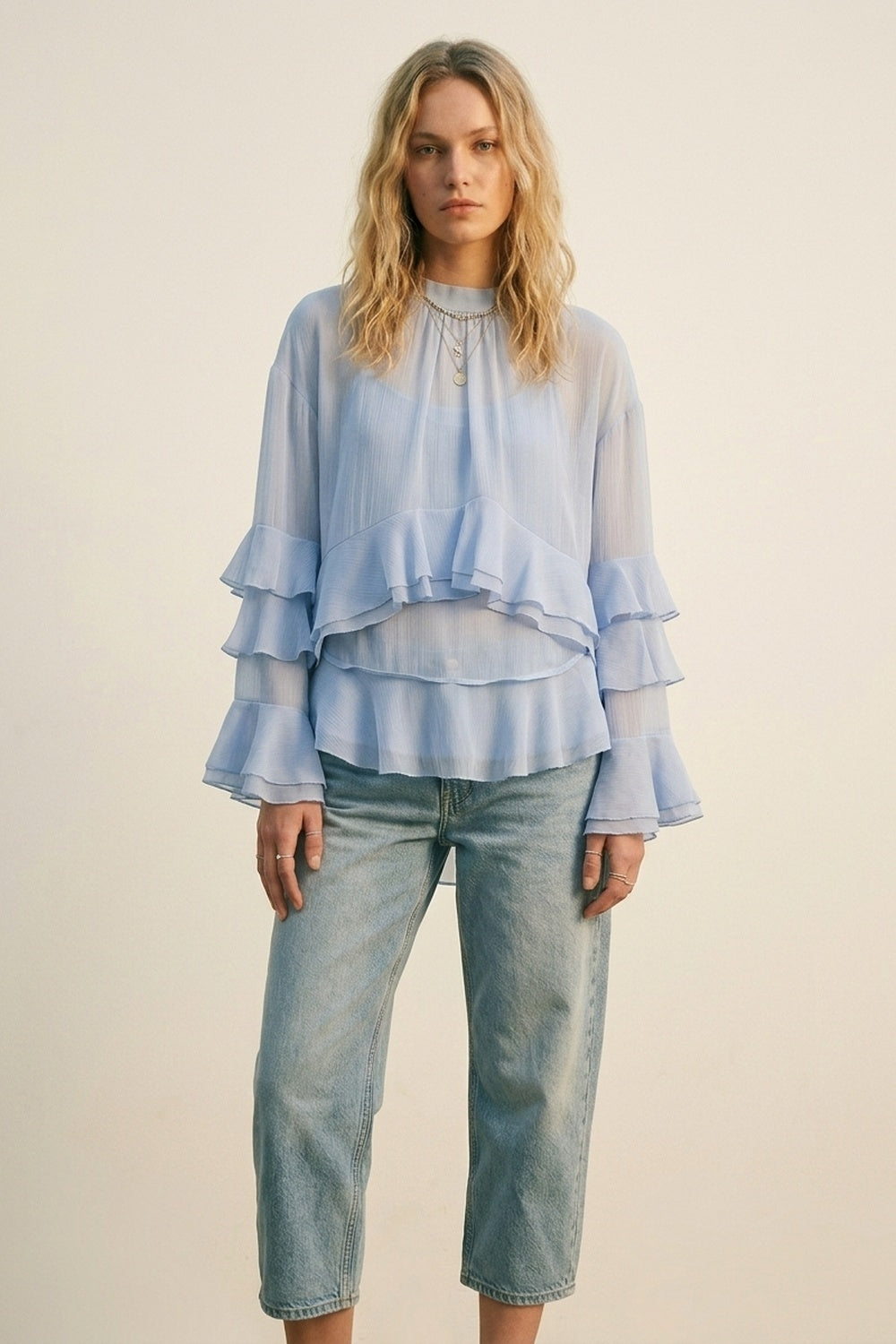 Blouse Asymétrique à Volants et à Étages en Chiffon Bleu Clair