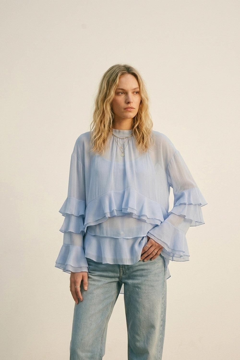 Blouse Asymétrique à Volants et à Étages en Chiffon Bleu Clair