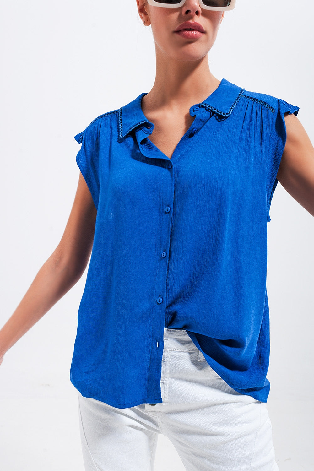 Blouse avec manches volantées Bleu