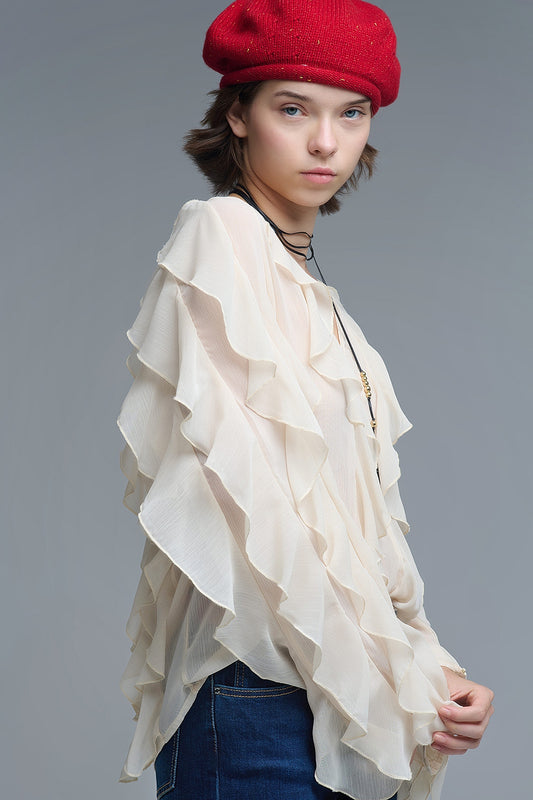 Q2 Blouse beige à col V et volants sur l'ensemble du corps