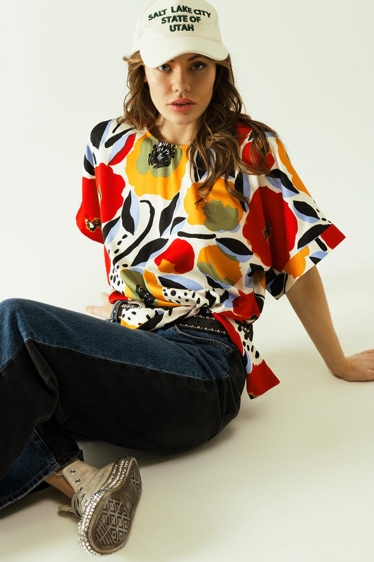 Q2 blouse blanche Relaxed à motifs de coquelicots et manches courtes