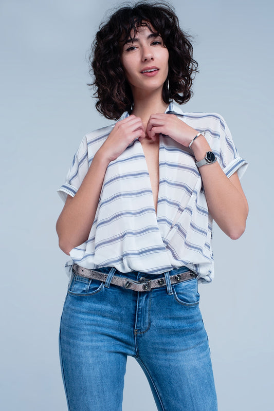 Q2 Blouse cache-cœur blanc à manches courtes et rayures - bleu