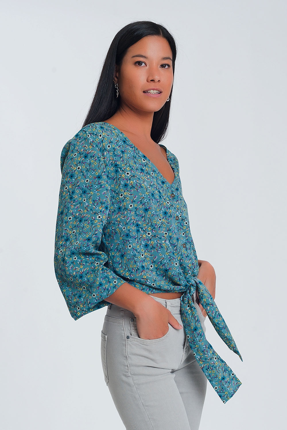 Blouse col V à manches longues boutons et imprimé fleuri vert