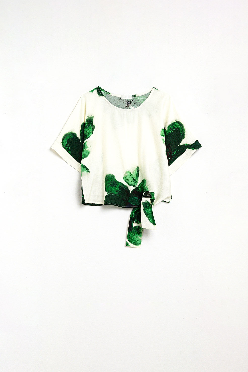 Blouse Courte avec Imprimé Floral Vert Nouée à la Taille