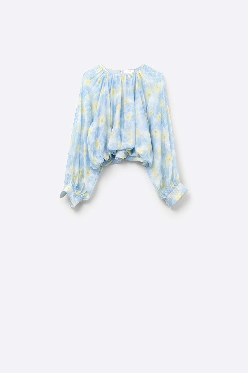 Q2 Blouse en chiffon imprimé bleu avec manches ballon