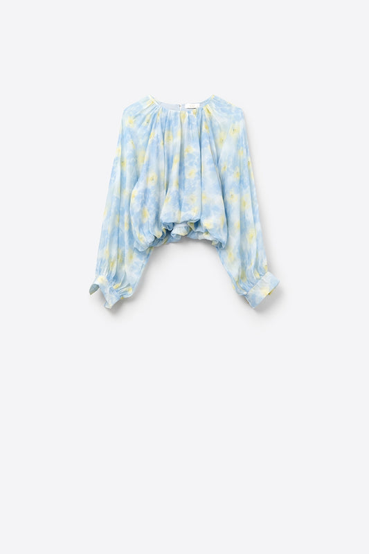 Q2 Blouse en chiffon imprimé bleu avec manches ballon