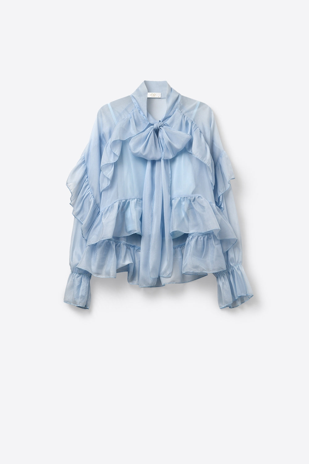 Blouse en mousseline de soie à volants bleu clair en tissu de chiffon