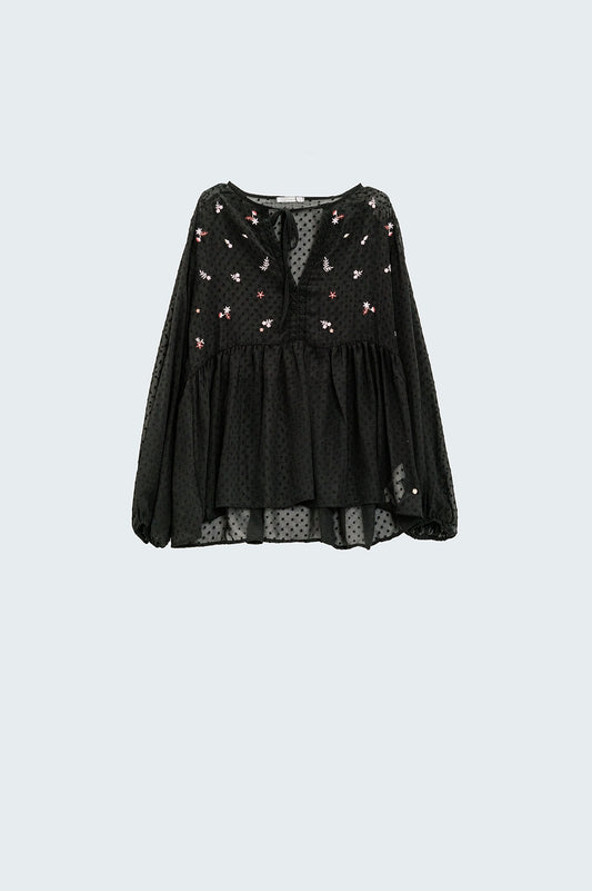 Q2 blouse en mousseline de soie noire brodée de fleurs