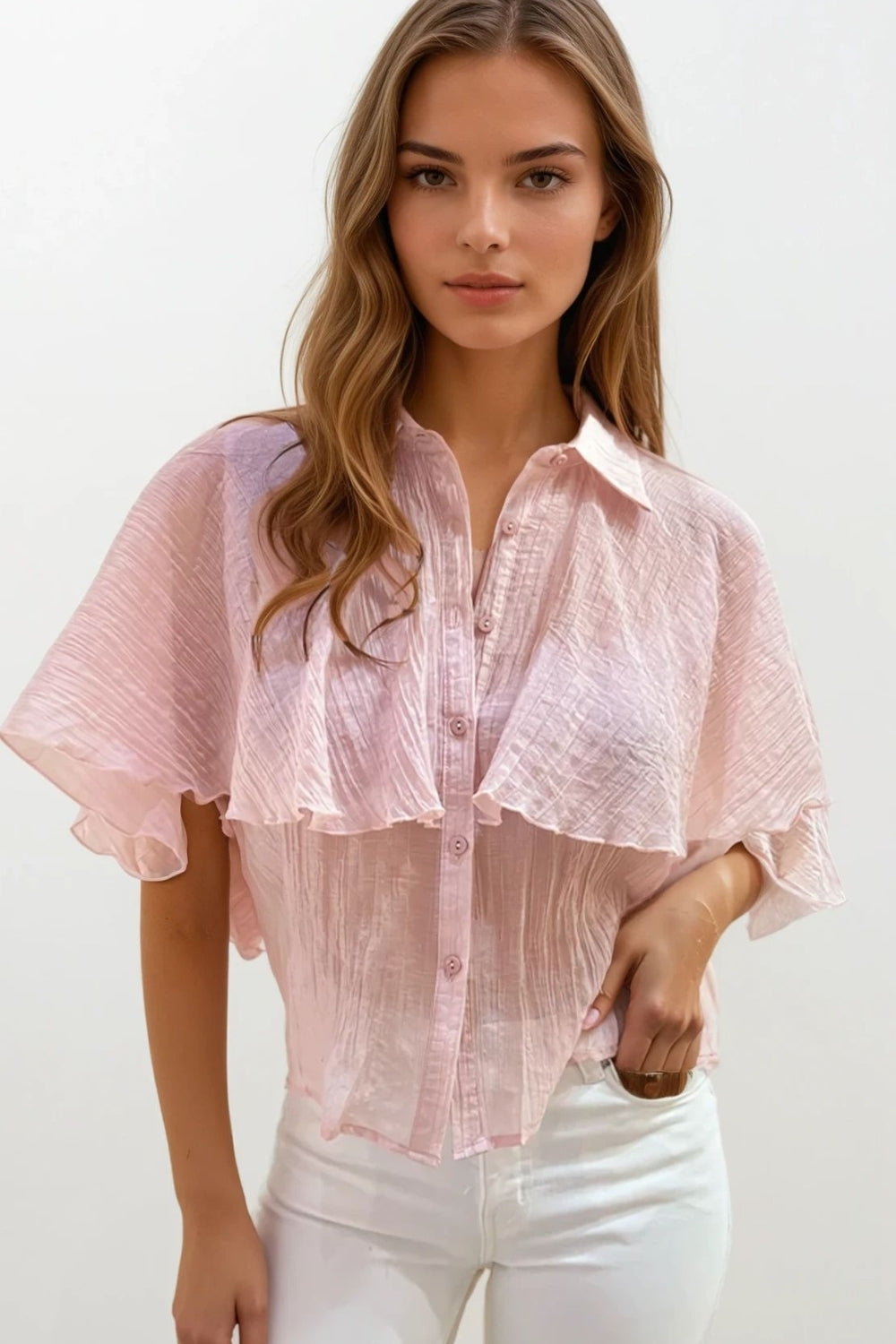 Q2 Blouse en mousseline de soie texturée rose à manches tombantes