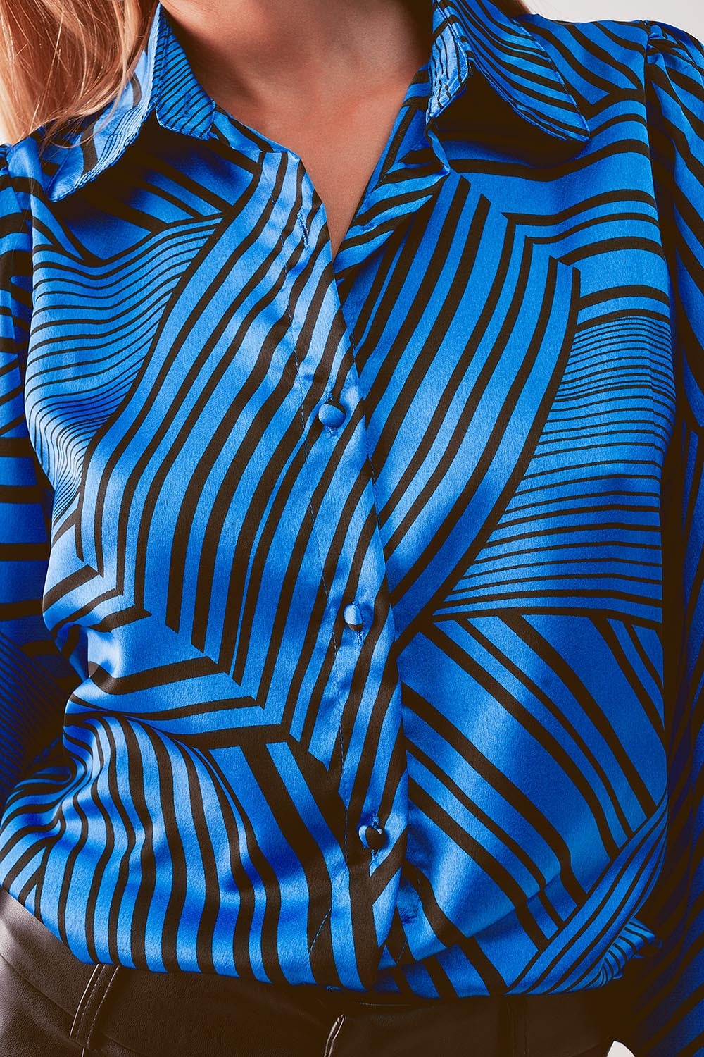 Blouse imprimée à manches bouffantes bleu