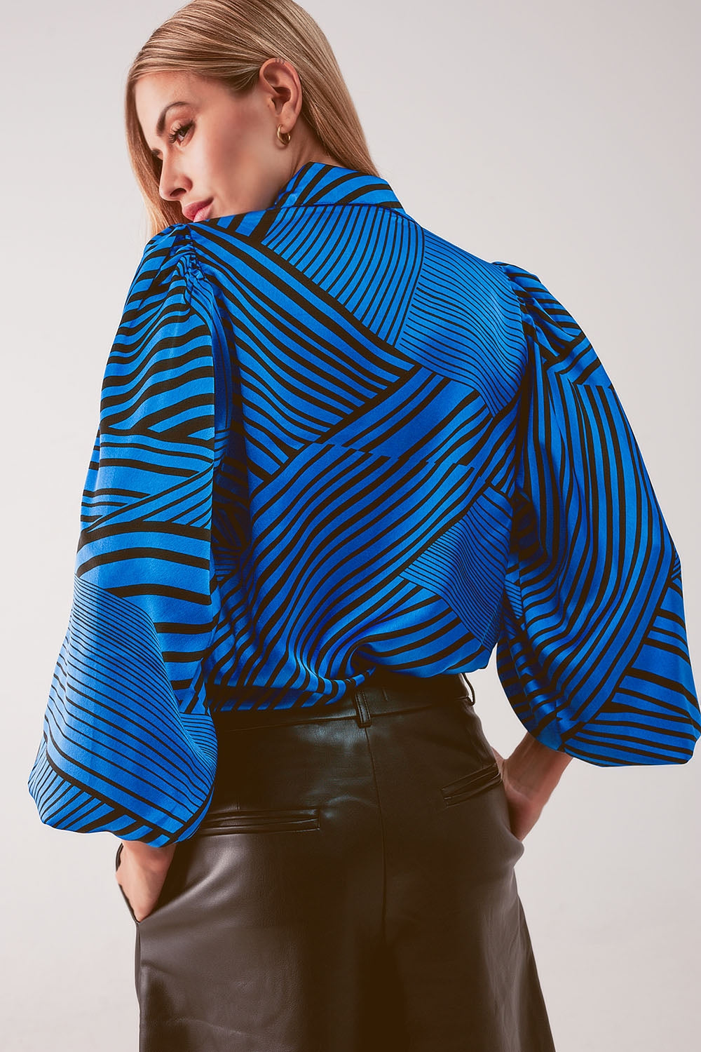 Blouse imprimée à manches bouffantes bleu