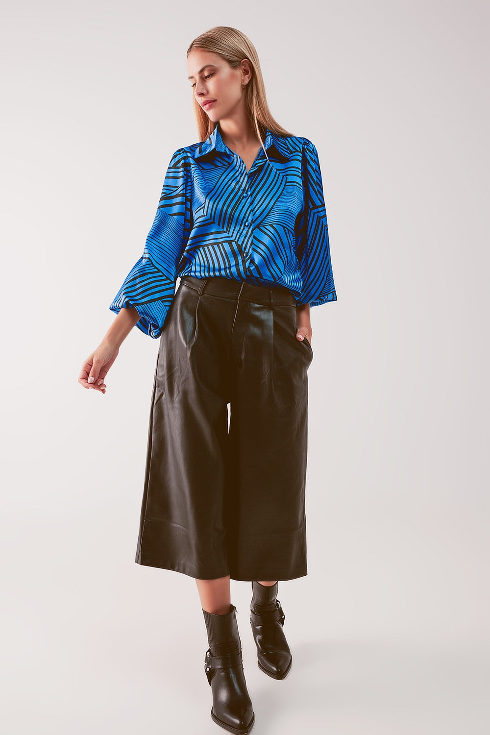 Blouse imprimée à manches bouffantes bleu