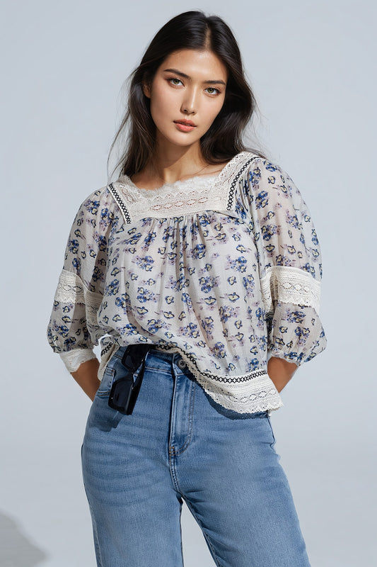 Q2 blouse romantique avec fleurs et dentelle