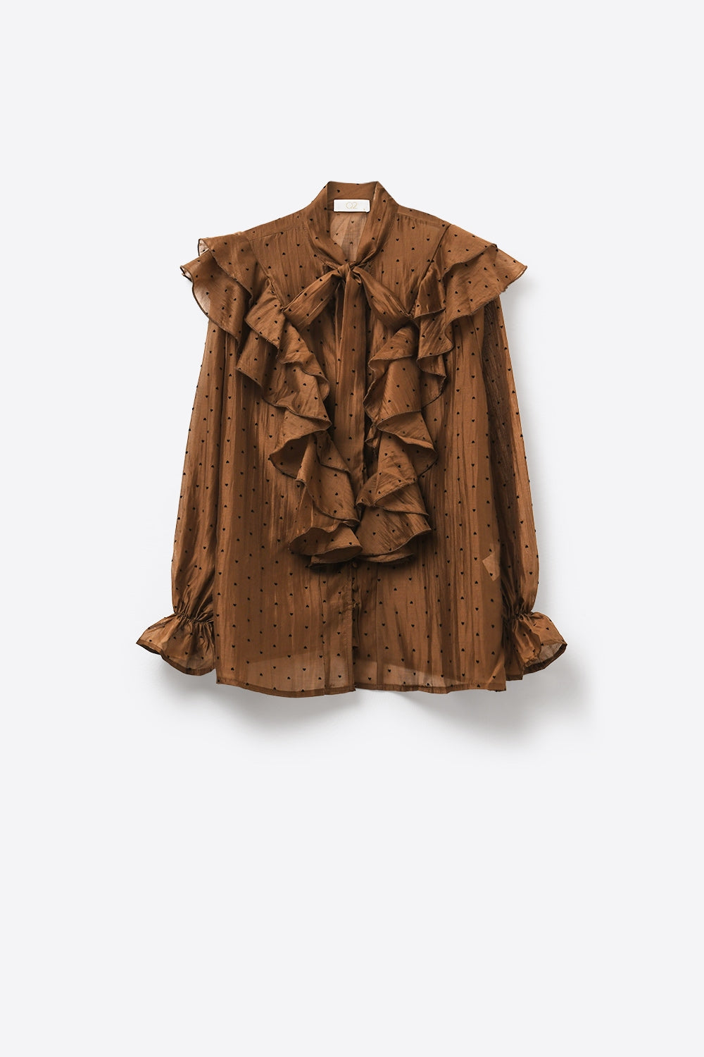 Blouse transparente marron à pois à volants avec col à nouer