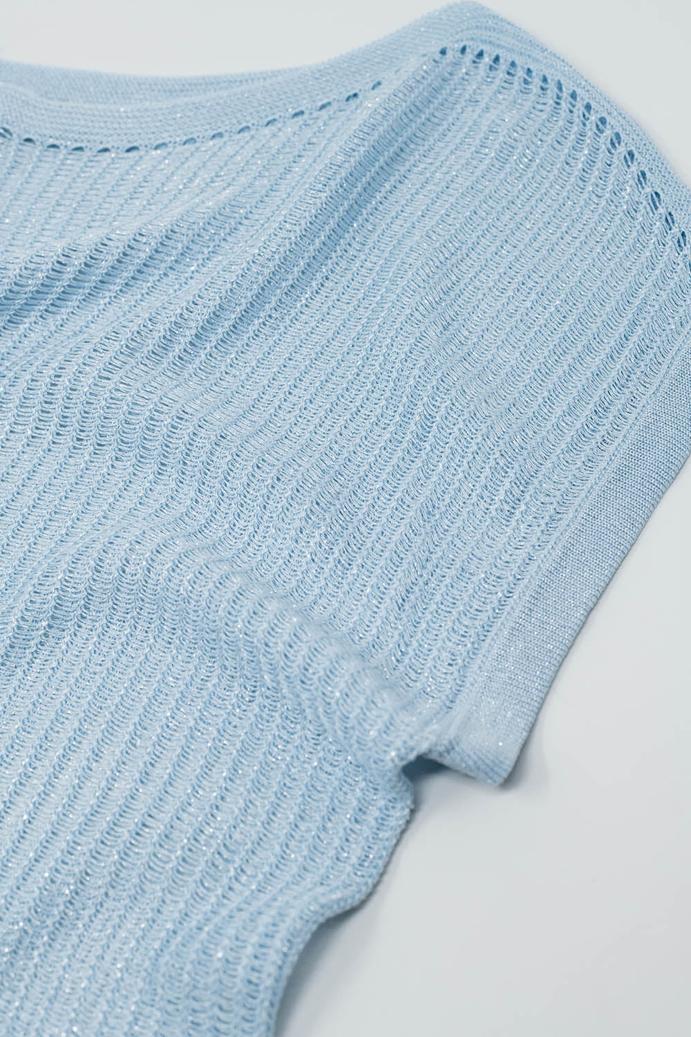 Boat Neck Ribbed Sweater With Cap Sleeves en bleu