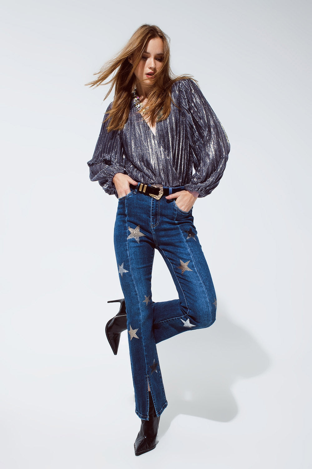 Body brillant lurex avec un Col V Profond en Argent