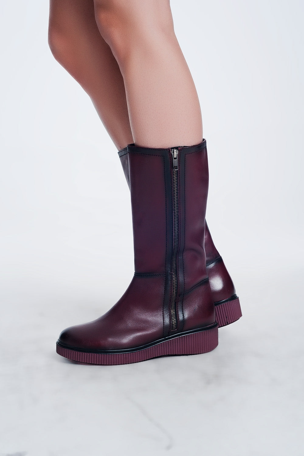 Q2 bottes zippées épaisses en Bordeaux