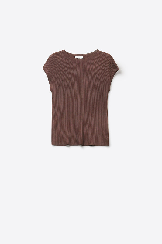 Q2 Haut en maille côtelée marron à manches courtes cap sleeve
