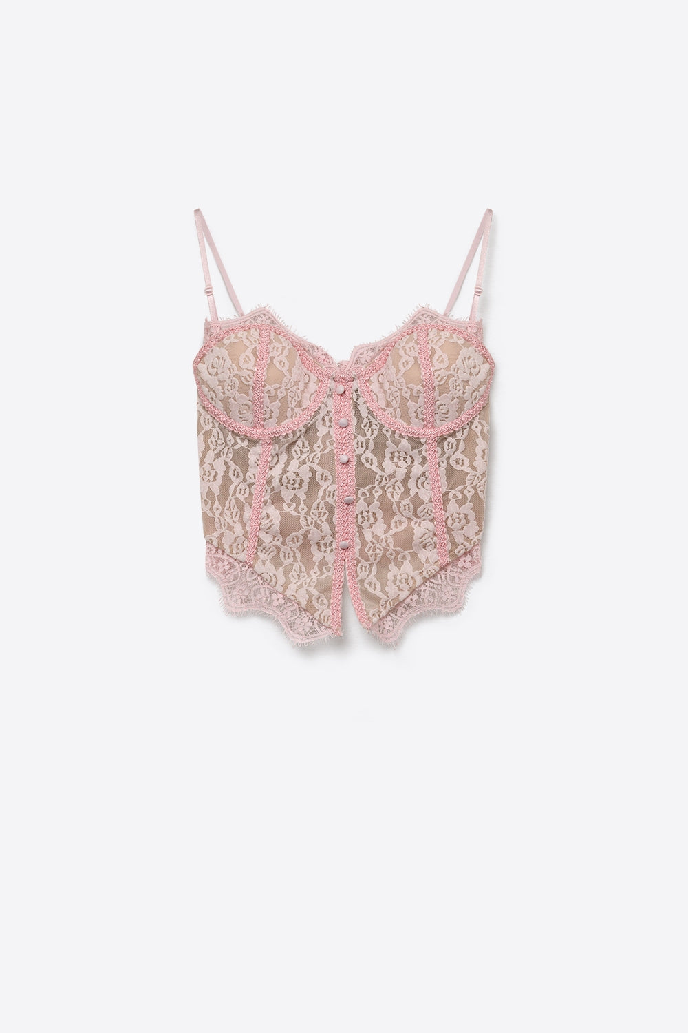 Bustier court en dentelle florale transparente avec détails de boutons en rose clair