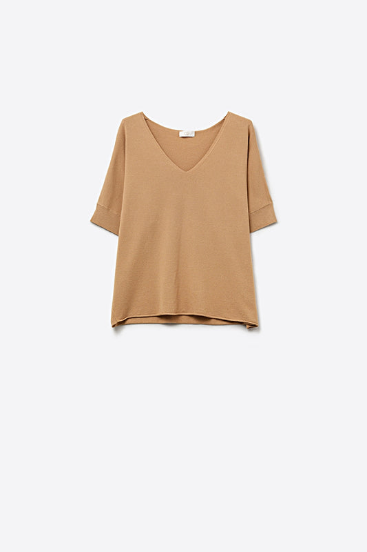 Q2 Camel - Top en tricot à col en V et manches coudées