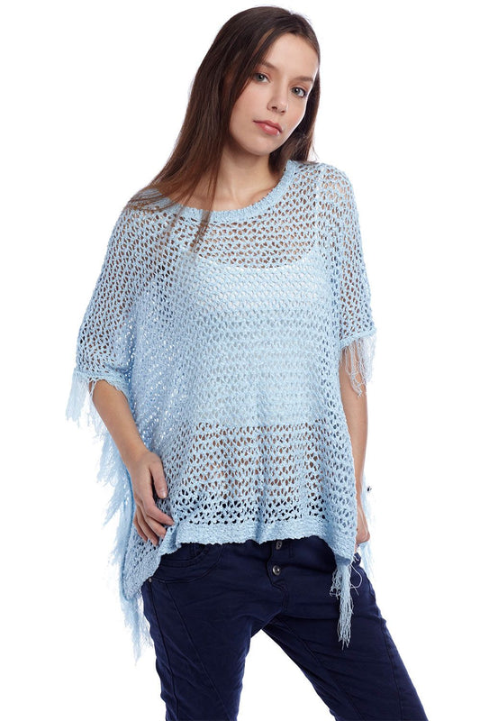 Q2 Cape style poncho avec franges bleu