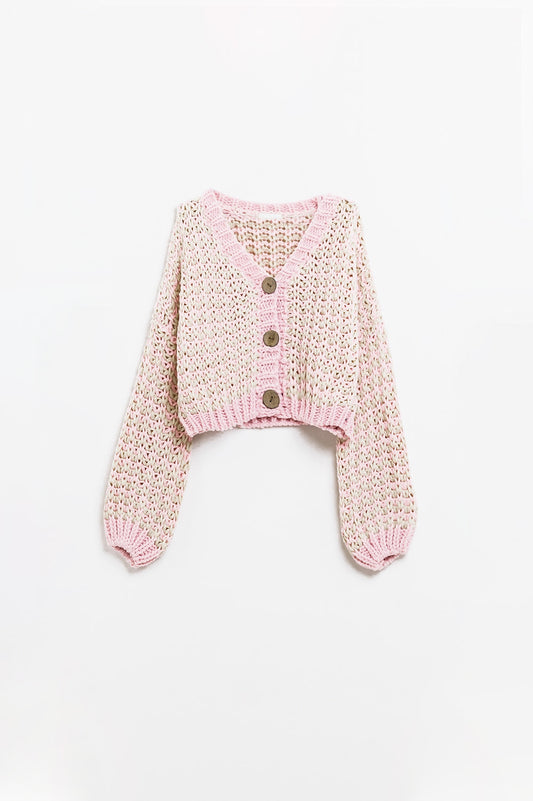 Q2 Cardigan à carreaux avec gros boutons en bois en rose