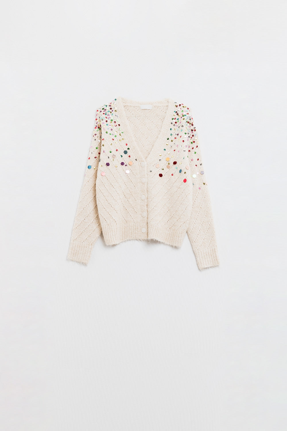 Q2 Cardigan à col en V avec paillettes brodées multicolores en beige