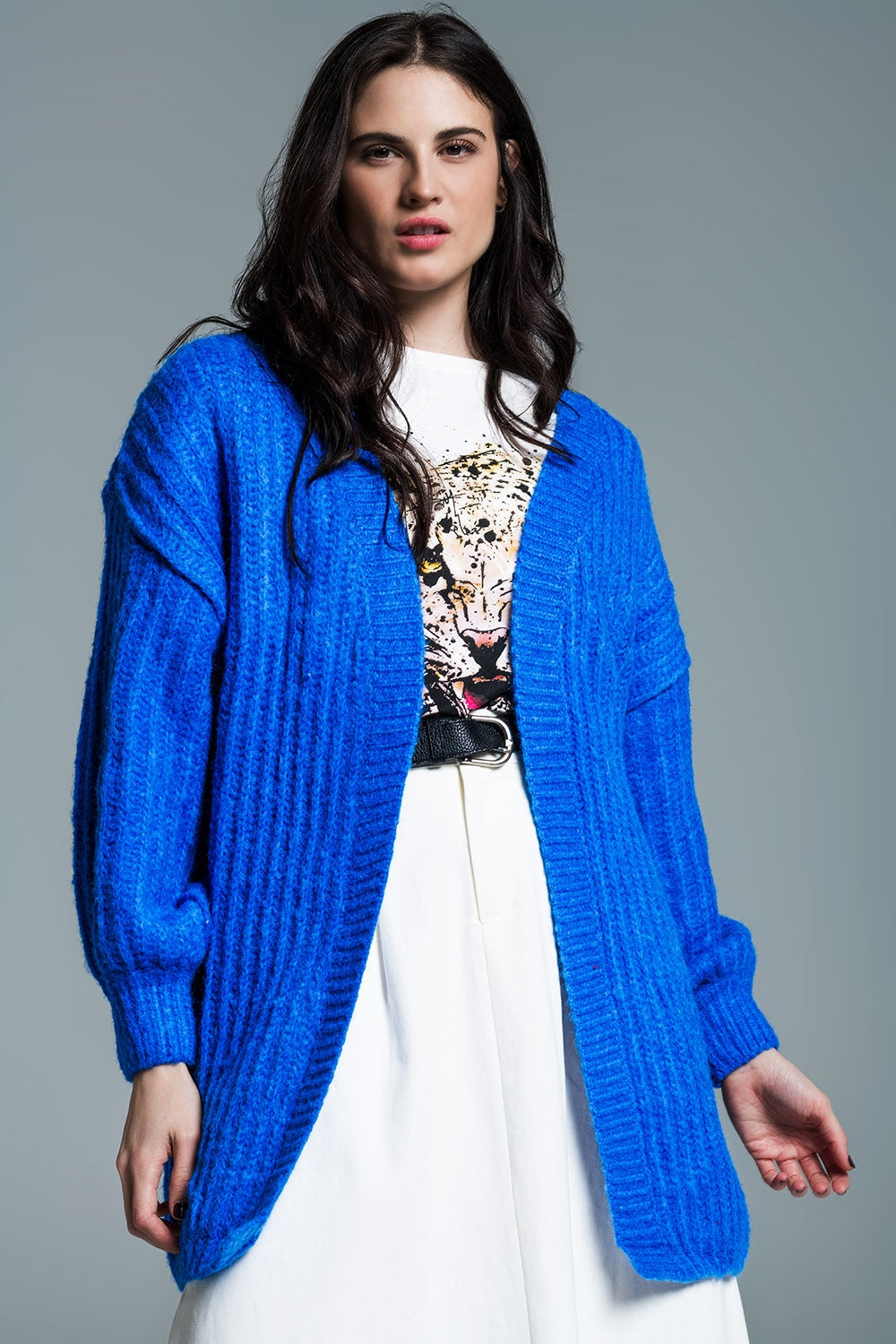 Q2 Cardigan à grosses côtes avec manches 3/4 en bleu royal