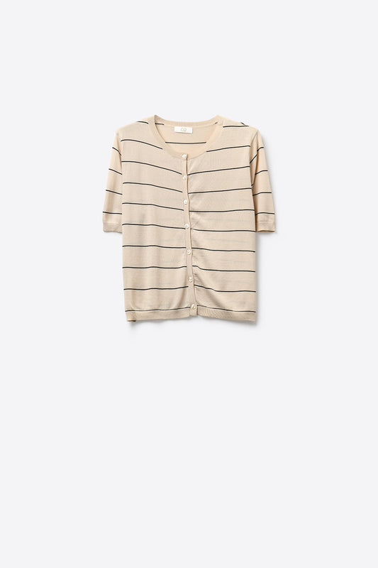 Q2 Cardigan à manches courtes boutonné et rayé beige