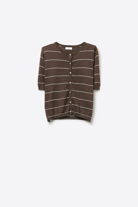 Q2 Cardigan à manches courtes en maille boutonnée rayée marron