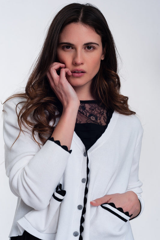 Q2 Cardigan blanc à bords contrastants