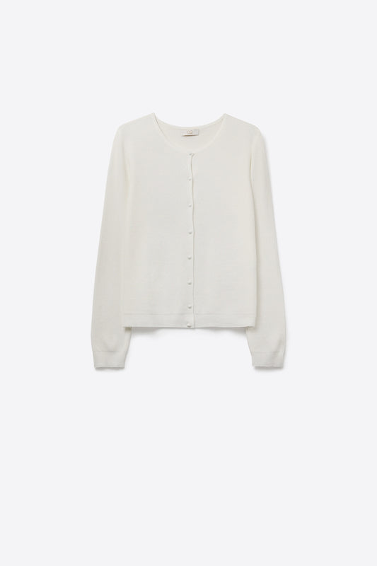 Q2 Cardigan blanc en maille côtelée avec boutons en nacre