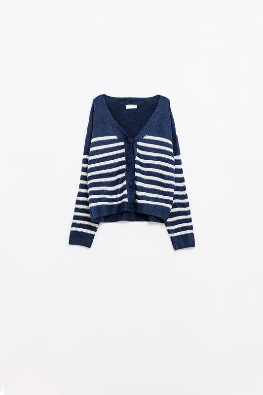 Q2 Cardigan bleu marine à rayures argentées