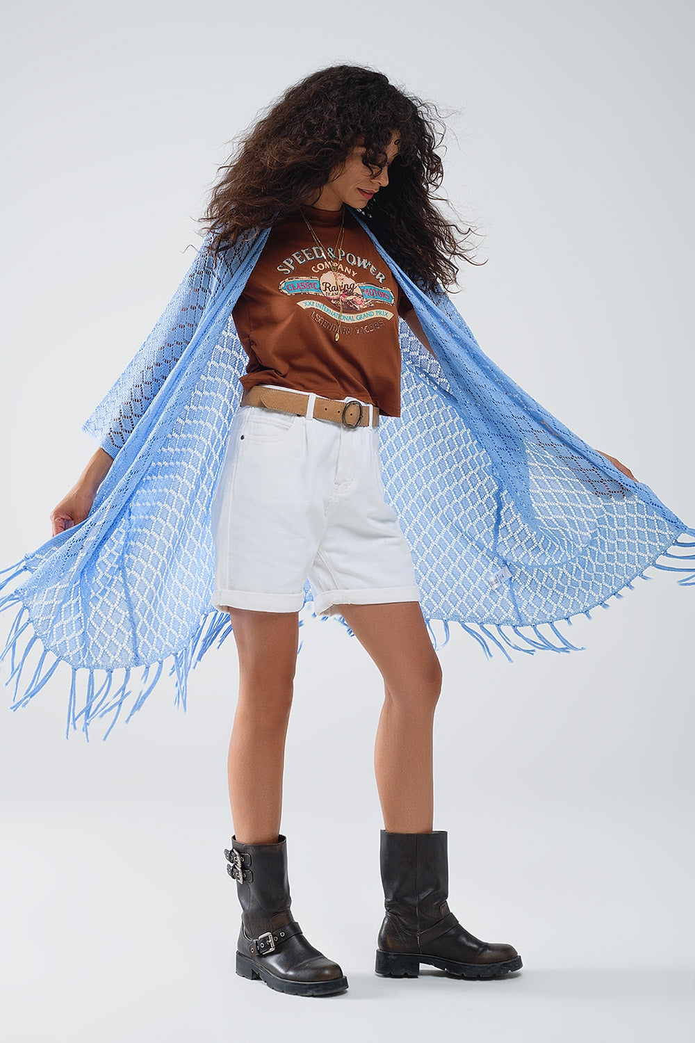 Cardigan bleu ouvert avec extrémités à franges et manches 3/4