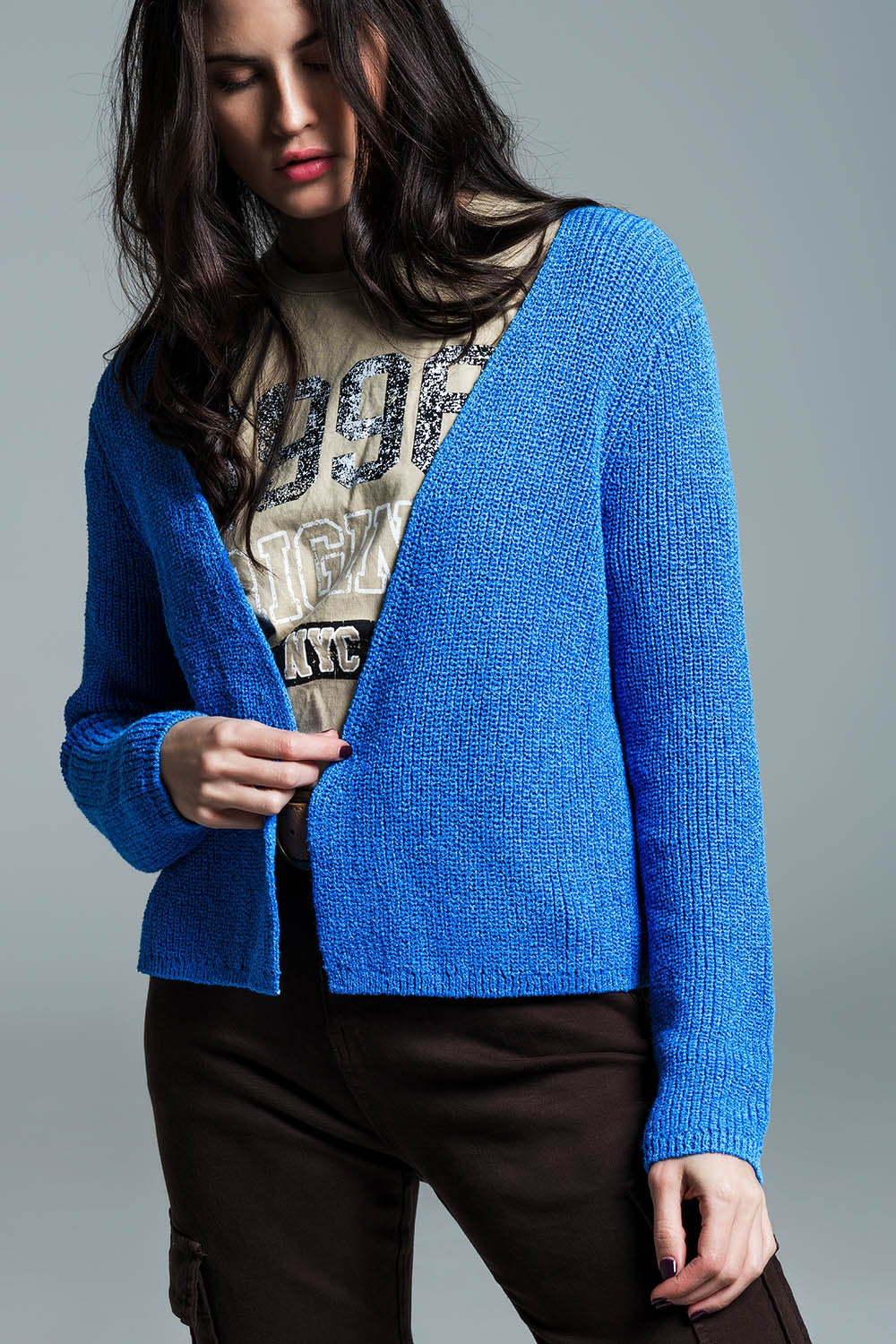 Cardigan bleu ouvert en tricot léger ouvert