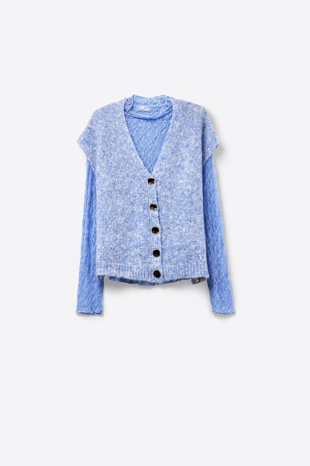 Cardigan bleu sans manches avec empiècement en dentelle et boutons argentés