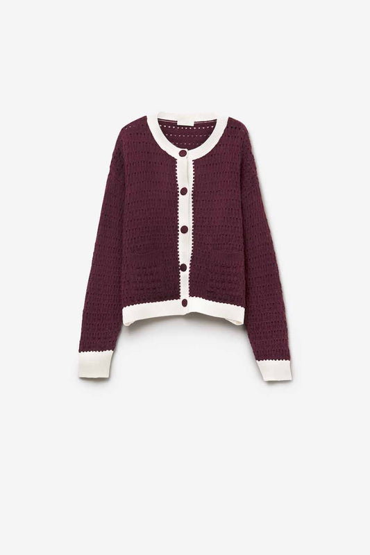 Q2 Cardigan bourgogne à mailles ouvertes et bordures contrastées