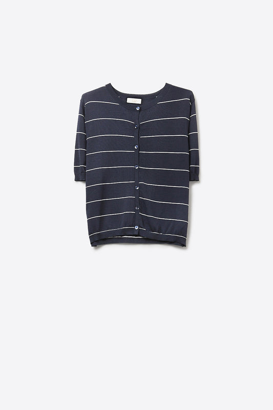 Q2 Cardigan boutonné à manches courtes en maille rayée bleu marine