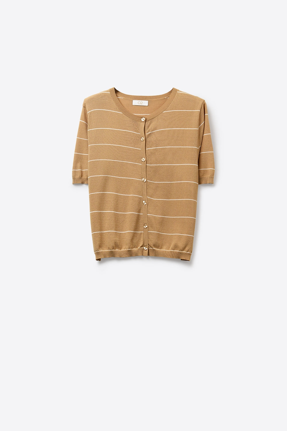 Q2 Cardigan boutonné à manches courtes rayé camel