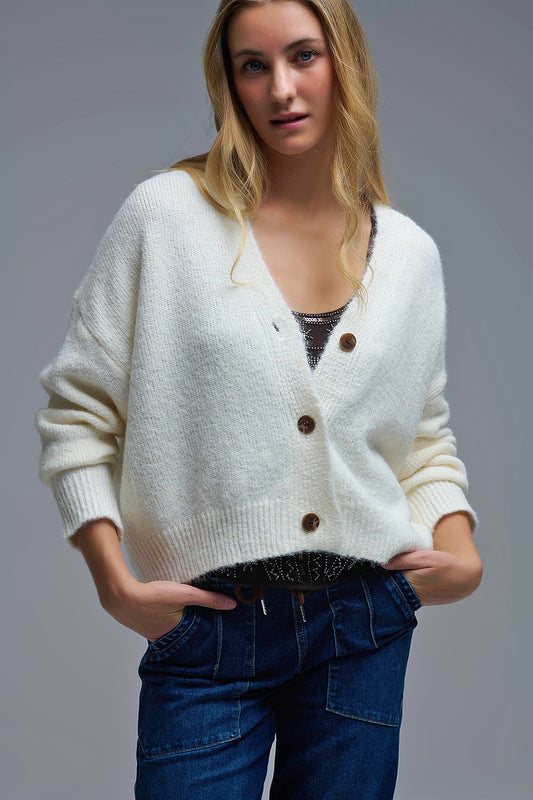 Q2 Cardigan boutonné Basic Cream à col en V