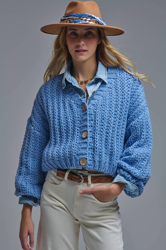 Q2 Cardigan Chunky à maille ouverte En bleu
